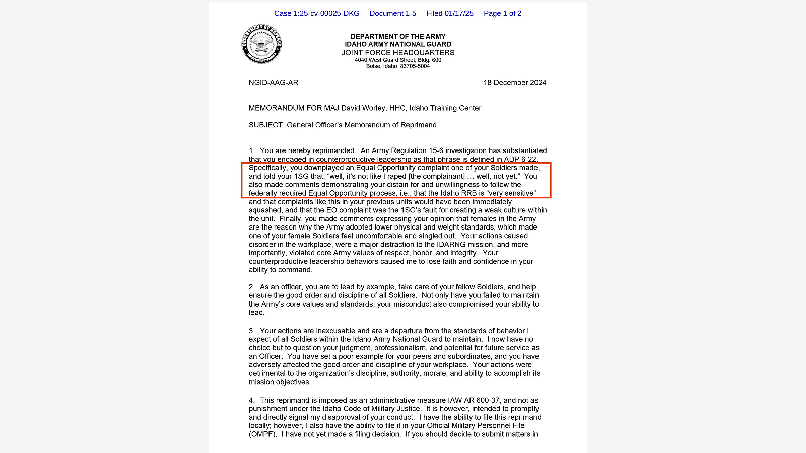 December 18, 2024 General Officer's Memorandum of Reprimand to Maj. David Worley from the Idaho Army National Guard Assistant Adjutant General, with the verbatim 'well, it's not like I raped' quote highlighted in paragraph 1