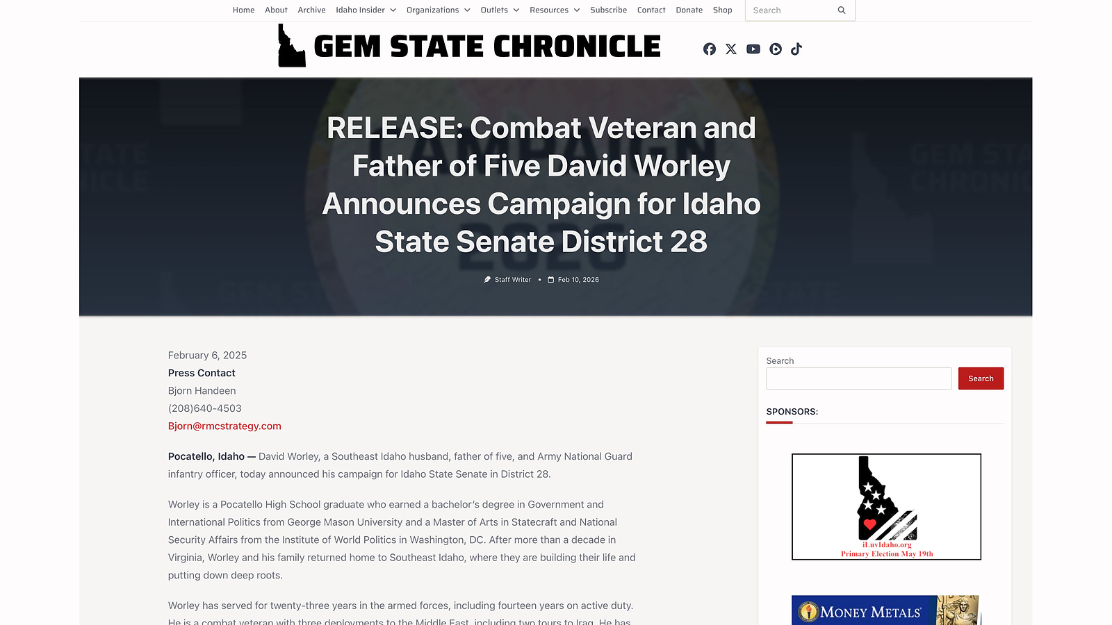 Gem State Chronicle February 10, 2026 release of the Worley launch with identical 'combat veteran and father of five' framing