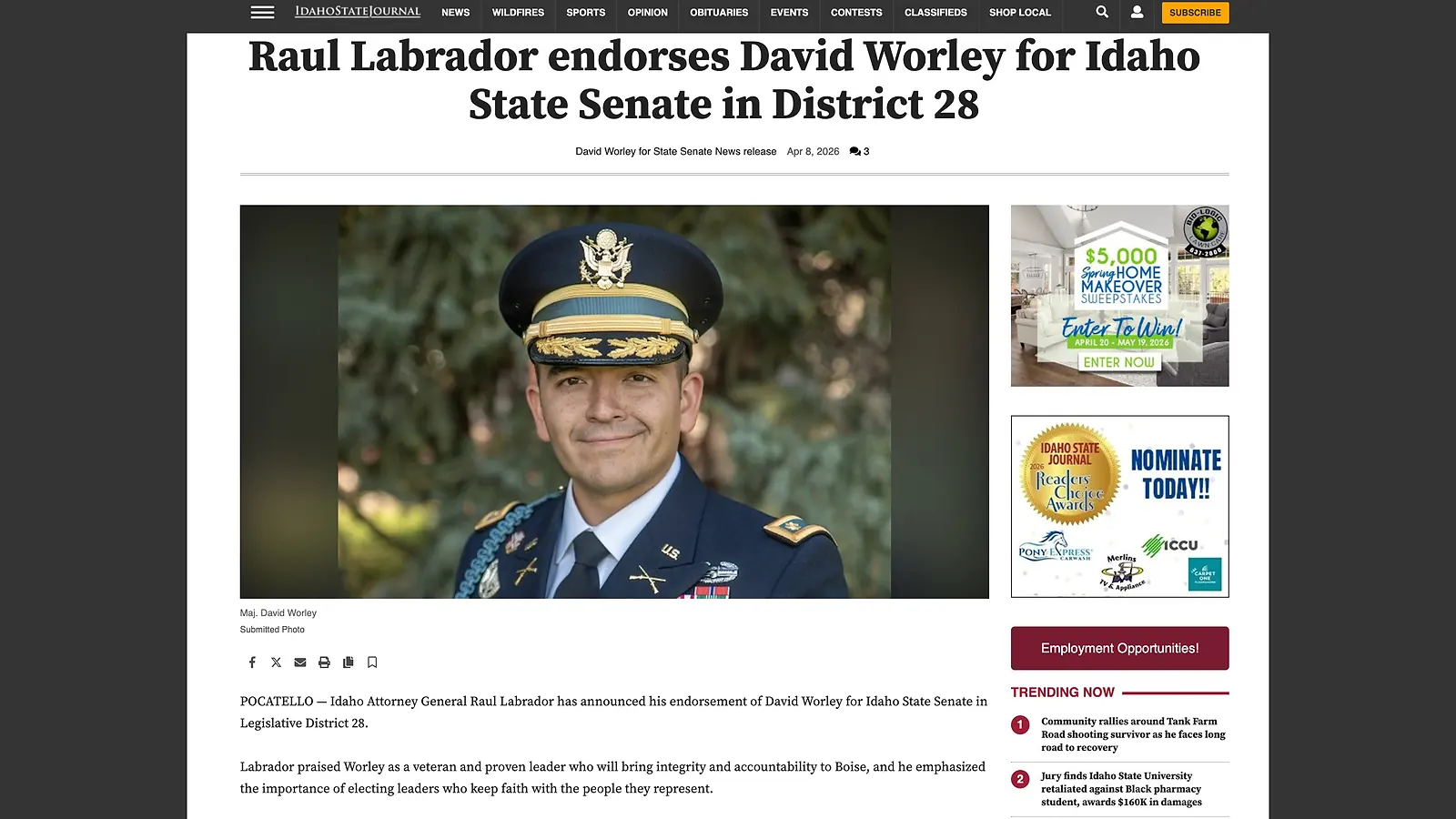 Idaho State Journal April 8, 2026 morning-wave coverage of the AG Labrador endorsement
