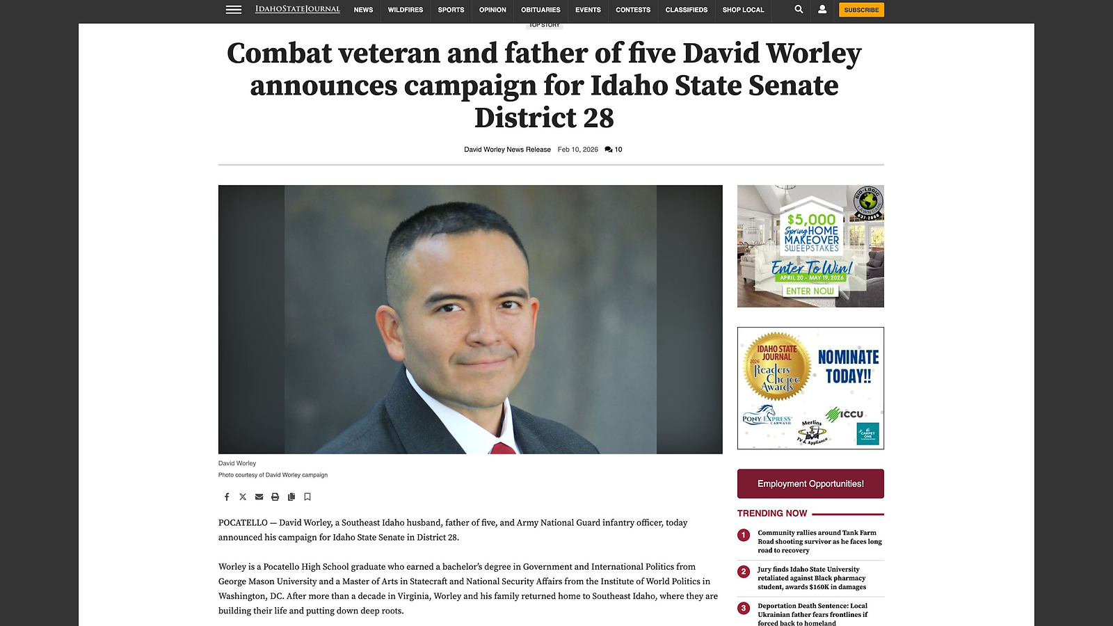 Idaho State Journal February 10, 2026 launch coverage of the Worley campaign