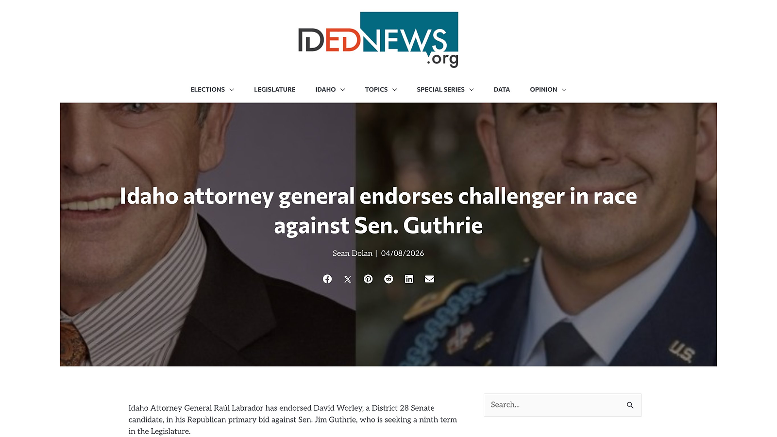 Idaho EdNews target-framed endorsement headline naming Sen. Guthrie as the subject