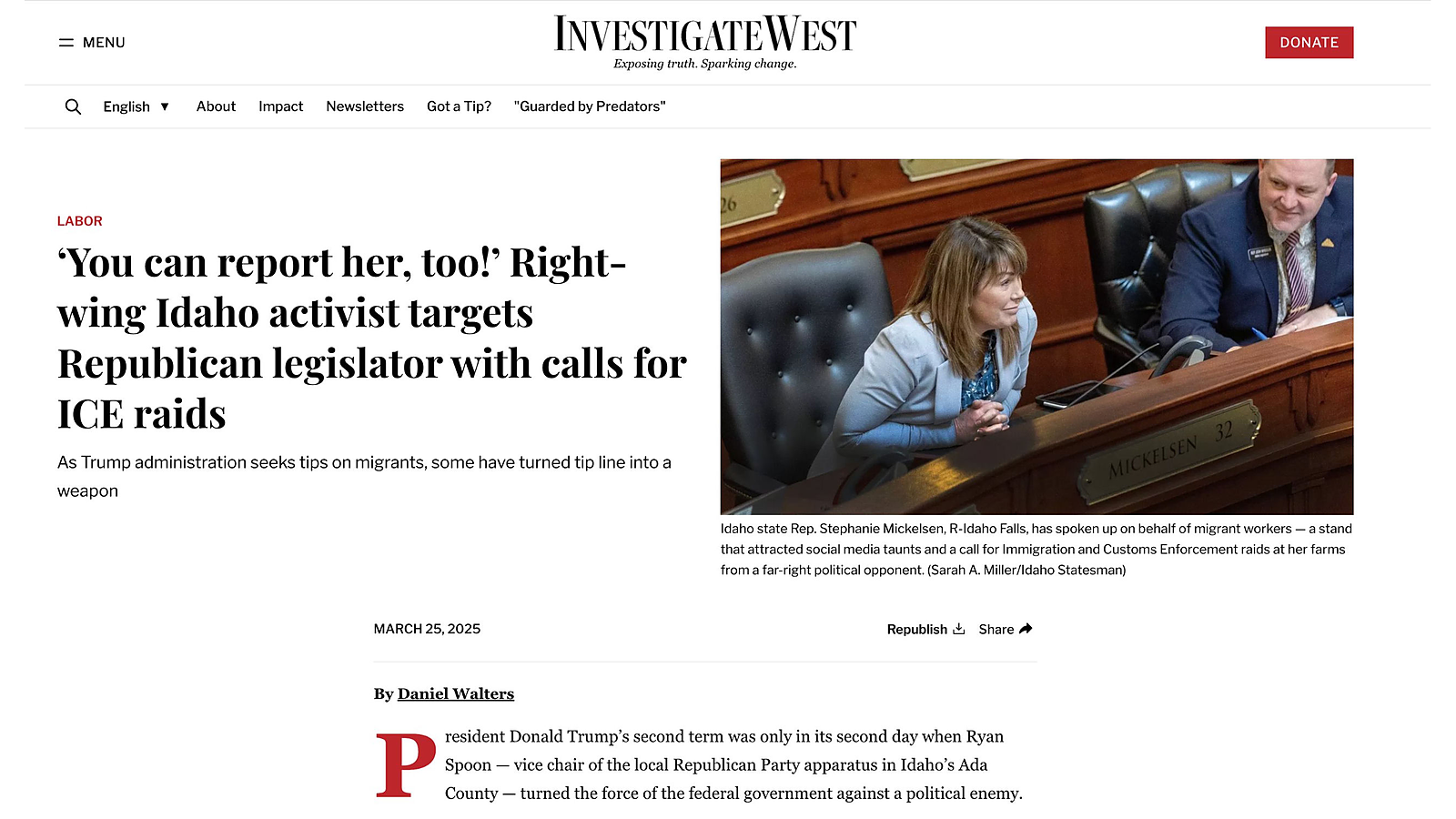 InvestigateWest March 25, 2025 article header by Daniel Walters titled 'You can report her, too! Right-wing Idaho activist targets Republican legislator with calls for ICE raids' with photo of Idaho Rep. Stephanie Mickelsen at her legislative desk