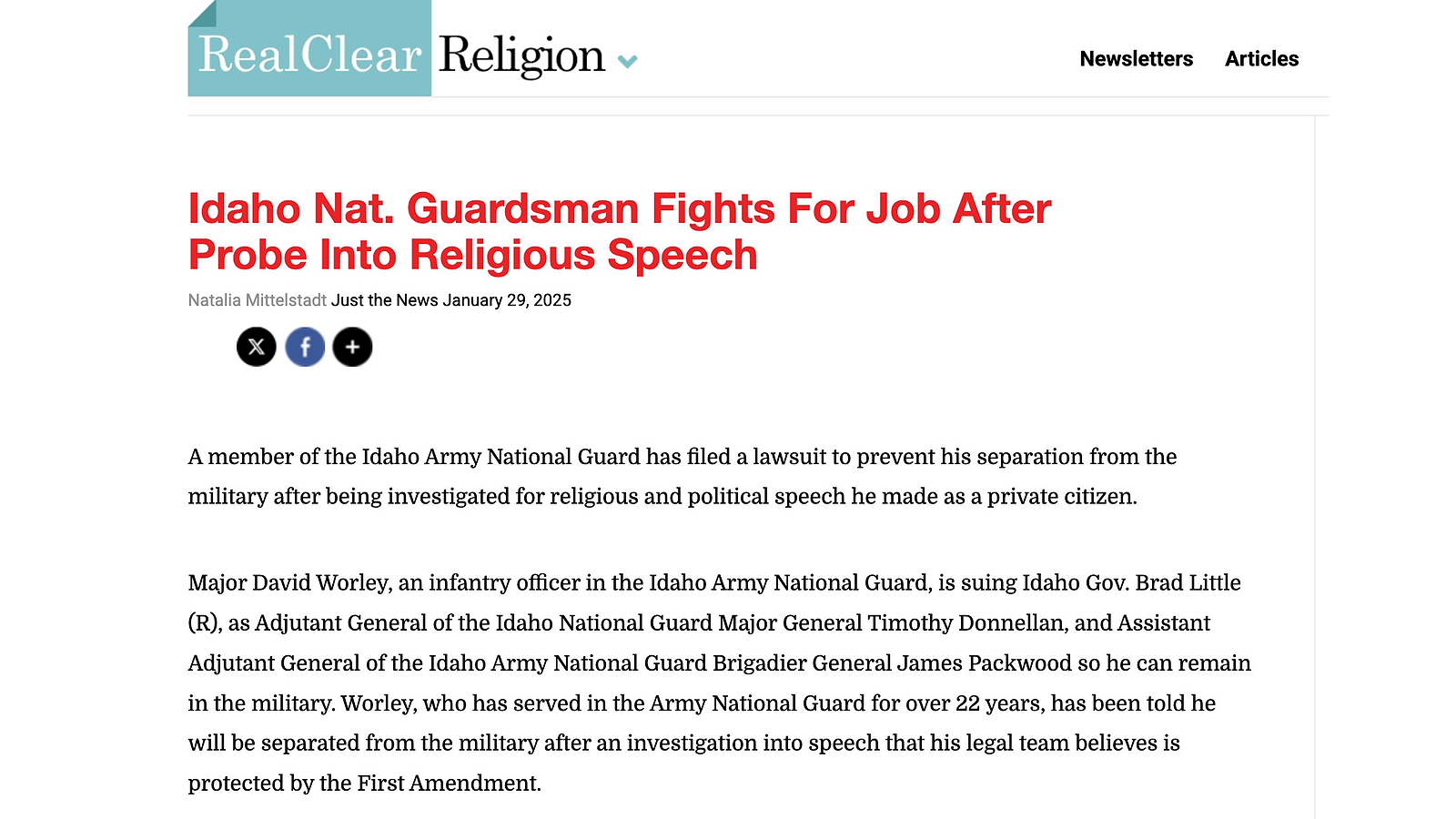 RealClearReligion January 29, 2025 republish of the Just the News piece amplifying the Worley lawsuit narrative