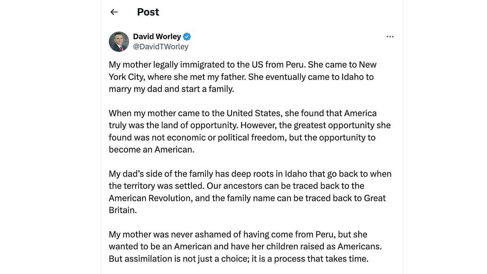 Screenshot of David Worley's verified X post about his Peruvian immigrant mother and the assimilation framing